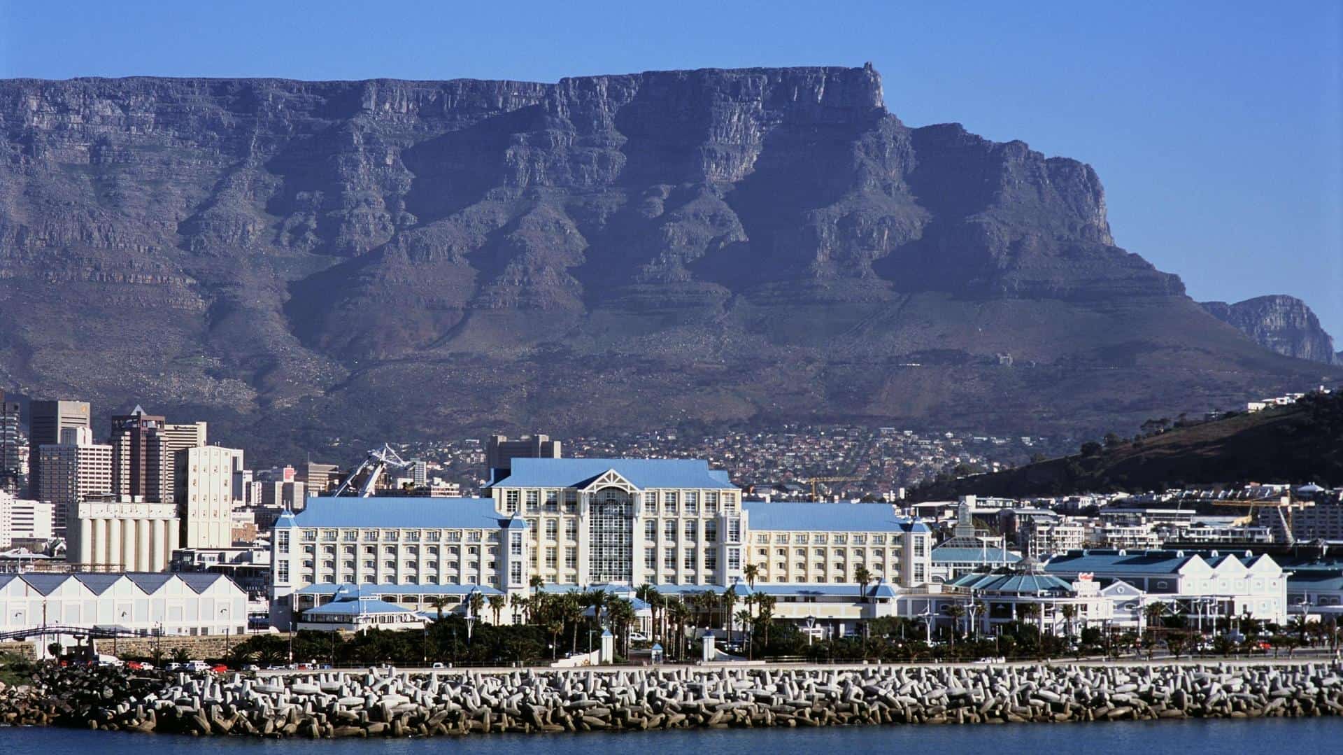 Aerial view of The Table Bay Hotel with Table Mountain in the background